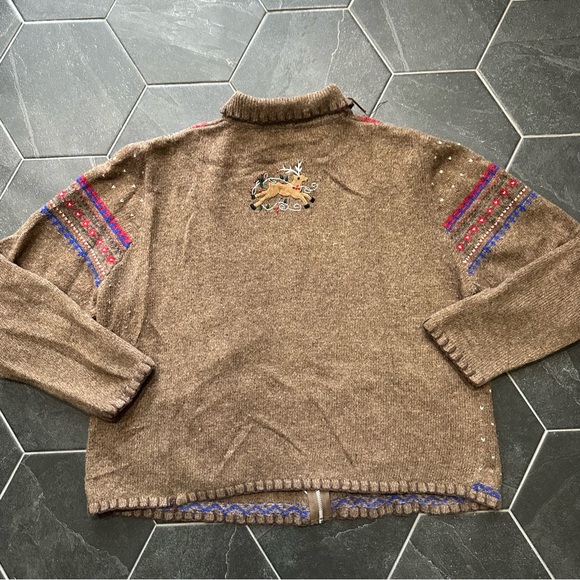 Brown Chunky Knit Reindeer Gloves Fair Isle Zip Cardigan Sweater - Picture 6 of 9